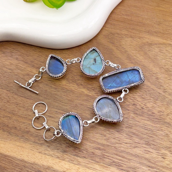 Blue Labradorite Bracelet Chunky Boho Southwest Sterling Silver 925 Overlay New - Picture 7 of 8